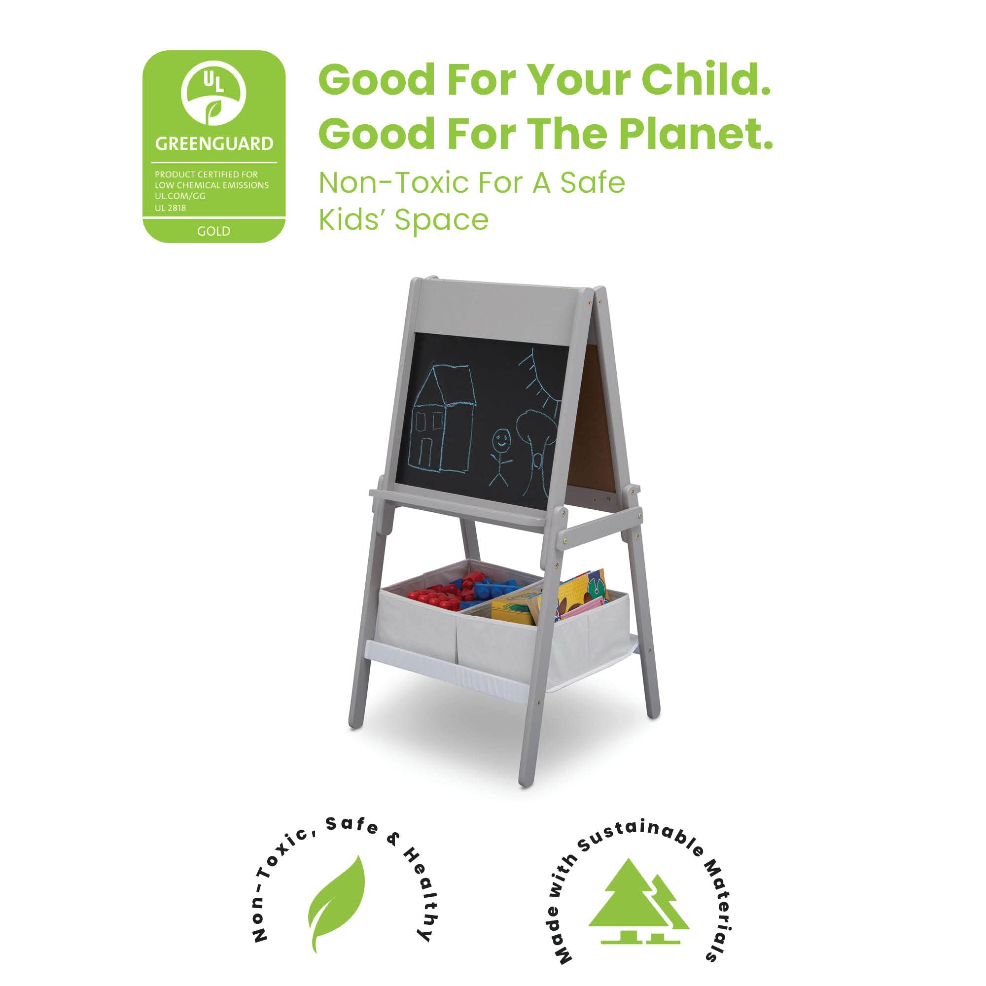 Delta Children MySize Kids Double-Sided Storage Easel -Ideal for Arts & Crafts, Drawing, Homeschooling and More - Greenguard Gold Certified, Grey