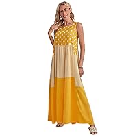 2023 Women's Polka Dot Colorblock Smock Dress - Boho Style, Sleeveless, High Waist, Maxi Length Liaoruay