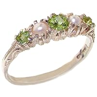 925 Sterling Silver Natural Peridot and Cultured Pearl Womens Band Ring - Sizes 4 to 12 Available