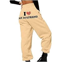 Women Valentine's Day Sweatpant I Love My Boy Funny Letter Print Back Jogger Pants Casual Elastic High Waist Trouser