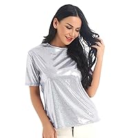 Womens Shiny Metallic Liquid Crop Top Short Sleeve Tee Shirt Top Mock Neck Turtleneck Tank Top Clubwear
