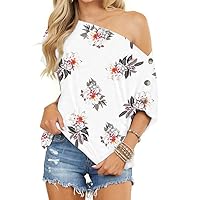 INFITTY Women Cold Shoulder Tops Floral Print Shirt Loose Short Sleeve Button Down Tunic Blouse White Printing Size M