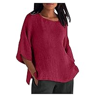 Women's Casual Cotton Linen Shirts, Women 3/4 Sleeve Top Crew Neck Loose Fit T Shirts Side Split Blouse Tunic Tops