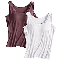 Women's Scoopneck Tank Tops with Built in Bras, Summer Basic Solid Padded Undershirt Yoga Athletic Stretch Comfort Camisole