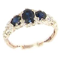 Ladies Solid White 10K Gold Real Genuine Sapphire English Victorian Trilogy Ring