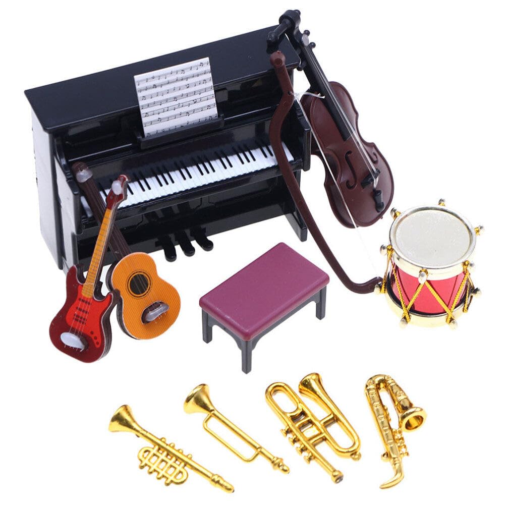 ERINGOGO Dollhouse Miniature Musical Instrument Set, 1:12 Scale Mini Piano Violin Trumpet Drum Guitar Bass Models, Accessories Decoration for Doll House Mini Music Room