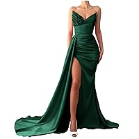 Women's Emerald Green Prom Dresses Sequin Beaded Satin 2022 Strapless Mermaid Long Slit Evening Gowns Bridesmaid Dresses