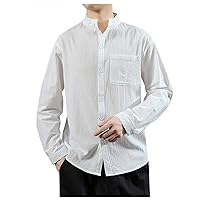 Men's Baggy Long Sleeve Cotton Linen Shirts Big and Tall Stand Collar Button Down Blouse Hippie Lounge Tops M-5XL