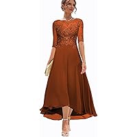 Women's Tea Length Mother of The Bride Dresses for Wedding Formal Dress with Sleeves High Low Evening Party Gowns