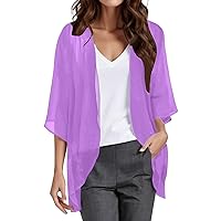 Kimono Cardigans for Women Solid 3/4 Sleeve Chiffon Open Front Lightweight Summer Cardigan Loose Sheer Beach Cover Ups
