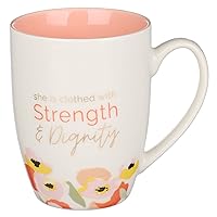 Christian Art Gifts Ceramic Coffee and Tea Mug for Women 12 oz Peachy White Floral Inspirational Bible Verse Lead-free Motivational Faith Inspired Mug - Strength and Dignity - Proverbs 31:25