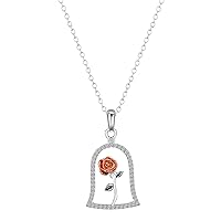 Amazon Essentials Disney Two-Tone Fine Silver Plated Cubic Zirconia Beauty and The Beast Rose Pendant Necklace