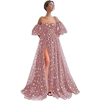 Basgute Women's Sparkly Starry Tulle Prom Dresses Puffy Sleeve Long Glitter Star Tea Length Formal Evening Party Gown