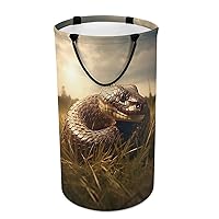 Snake Lying on The Grass Print Laundry Hamper Waterproof Laundry Basket Protable Storage Bin with Handles Dirty Clothes Organizer Circular Storage Bag for Bathroom Bedroom Car