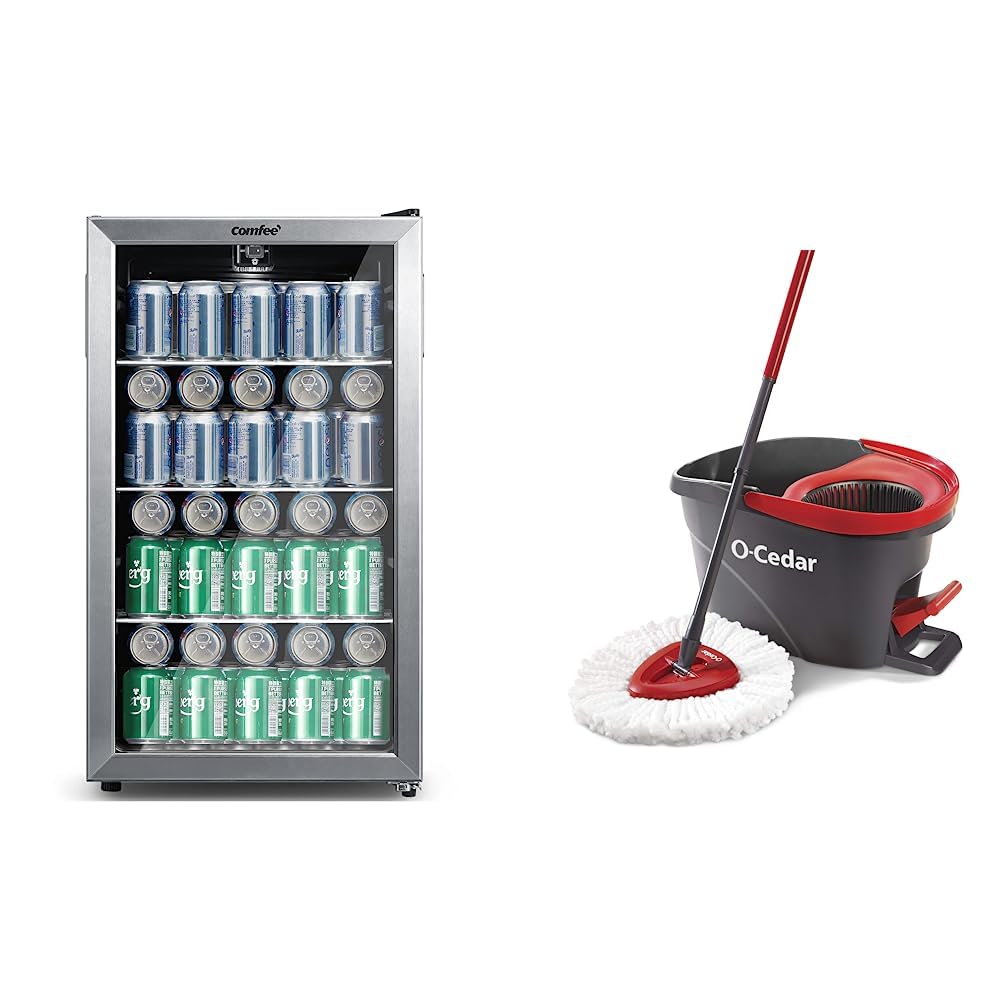 COMFEE' CRV115TAST Cooler, 115 Cans Beverage Refrigerator, Adjustable Thermostat, Glass Door & O-Cedar EasyWring Microfiber Spin Mop, Bucket Floor Cleaning System, Red, Gray