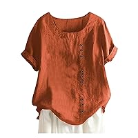 Shirts for Women Casual Round Neck Roll Up Short Sleeve Floral Printed Tops Cotton Linen Button Down Tops