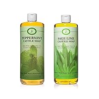 Carolina Peppermint and Sage Lime Castile Soap Liquid - 32 oz Vegan & Pure Organic Concentrated Non Drying All Natural Formula Body Wash & Shampoo