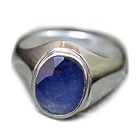 Natural Blue Sapphire Silver Ring for Men 6 Carat Oval Astrological Size 5,6,7,8,9,10,11,12,13