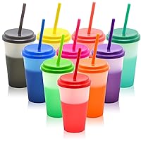 Color Changing Cups with Lids and Straws 10Pcs 12oz Plastic Cups with Lids and Straws for Iced Coffee Smoothie Color Changing Tumblers with Lids and Straws Kids Cups Reusable Leak Proof Party Cups