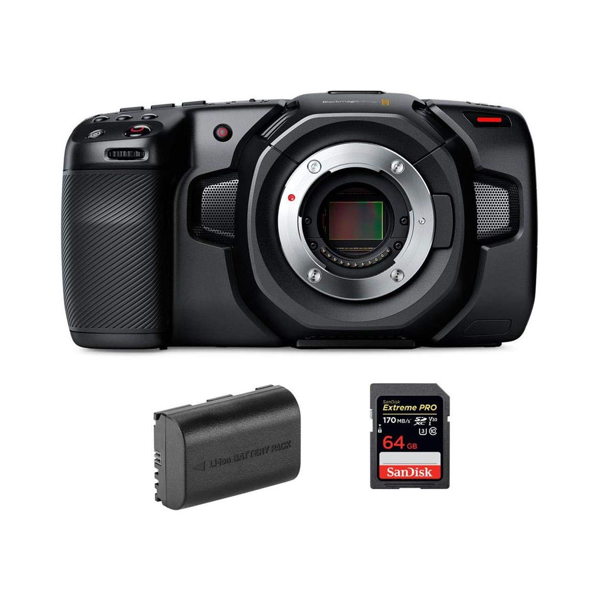 Blackmagic Design Pocket Cinema Camera 4K - Bundle with 64GB SDXC Memory Card, Green Extreme LP-E6N Rechargeable Lithium-Ion Battery Pack