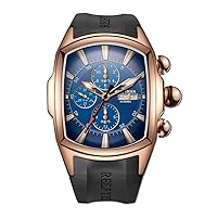 REEF TIGER Mens Tonneau Multifunction Mechanical Watch Analog Luminous Silicone Strap Automatic Watches with Calendar RGA3069-P