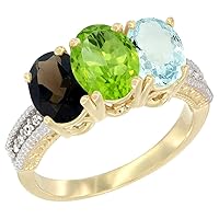 10K Yellow Gold Natural Smoky Topaz, Peridot & Aquamarine Ring 3-Stone Oval 7x5 mm Diamond Accent, Sizes 5-10