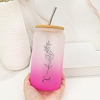 Frosted Glass Cups with Lid 16 Oz Birth Flower Drinking Glasses with Name Cute Custom Proposal Gifts Tumbler for Milk Graduation Her Girlfriend Gifts