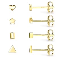 Sterling Silver Stud Earrings for Women Men- 4 Pairs of Hypoallergenic Simple Geometric Small Stud Earring Set Tiny Circle Triangle Square Bar Stud Earrings Mini Cartilage Tragus Earrings