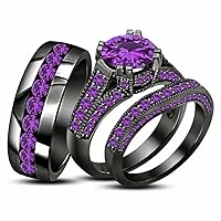 2Ct Round Cut Simulated Amethyst His Her Wedding Band Bridal Trio Ring Set 14k Gold Plated 925 Sterling Silver