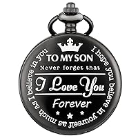 Engraved Pocket Watch to My Son I Love You Quartz Pocket Watch with Chain, Birthday Graduation Christmas Gifts for Son from Dad Mom, Pendant Necklace Fob Watches