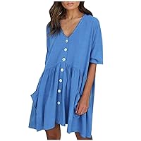 Women's Casual Dress V Neck Mini Swing Dress Button Down T-Shirt Dress Short Sleeve with Pocket