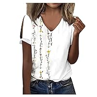 3/4 Length Sleeve Womens Tops,Summer Tops for Women 2024 V Neck Button Down Cold Shoulder Blouse Fashion Summer Short Sleeve Printing Shirts Women's Tees Short Sleeve
