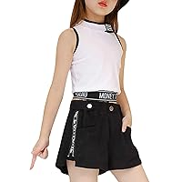 Kids Girls 2Pcs Fashion Dance Outfits Sleeveless Mock Neck Letter Print Crop Vest Tops with Cargo Skirt Shorts Set