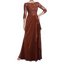 Mother of The Bride Dresses for Wedding Chiffon Lace Applique Beaded Formal Dress with 3/4 Sleeve Ruffles MK24