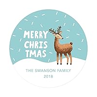 Andaz Press Personalized Christmas Round Circle Gift Sticker Labels, Deer on Aqua Snowflake Confetti Sky, Merry Christmas 40-Pack, Custom Name Year, Stationery Packaging Envelope Letter Label