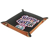 Happy Easter Cute Font Folding Rolling Thick PU Brown Leather Valet Catchall Organizer Table, Small Jewelry Candy Key Trays Storage Box Decor Entryway, Lap Keyboard Gaming Dice Tray