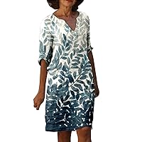 Women Vintage Print Dress V Neck Dresses Medium Length Daily Dress Half Sleeve Dress Casual Summer Dresses for