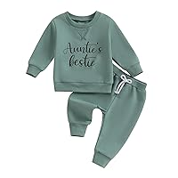 wdehow Toddler Baby Girls 2PCS Outfits Auntie's Bestie Letters Sweatshirt Tops Solid Color Pants Set Fall Winter Clothes