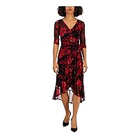 Connected Apparel Womens Red Lined Sheer Pullover Tie Belt Floral 3/4 Sleeve Surplice Neckline Midi Hi-Lo Dress 16