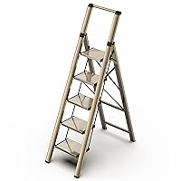 5 Step Ladder, Aluminum Folding Step Stool with Anti-Slip Sturdy and Wide Pedal, Portable Lightweight Stepladder with Convenient Handgrip for Home, Office, Kitchen Use Gold, 330 lbs Capacity