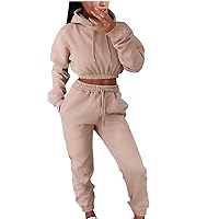 Women Sweatsuits Sets 2 Piece Drawstring Outfits Cropped Hoodie Sweatshirt and Joggers Sweatpants with Pockets