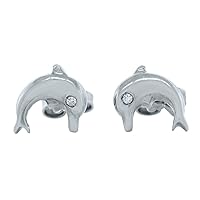 SwaraEcom White Sim Diamond 925 Silver Push Back Cz Dolphin Stud Earrings in 14k Gold Plated