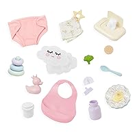 LullaBaby – Meal Time & Changing Set – 14-inch Baby Doll Accessories – Diaper, Bib & Pretend Food – Imaginative Play – Toys For Kids Ages 2 & Up – Baby Doll Care & Feeding Set