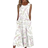 Summer Dresses for Women 2024 Sleeveless Crew Neck Maxi Dress Loose Floral Boho Casual Long Dress with Pockets