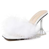Enelauge Women's Square Toe Sandal Fluffy Feather Clear High Heels Sandals Mules Backless Slip On Slipper Dress Shoes