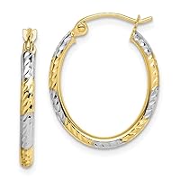 10k Yellow Gold with Rhodium-Plating Shiny-Cut Patterned Oval Hoop Earrings