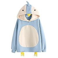 Kawaii Hoodie for Womens - 2021 Korean Fashion Cartoon Cute College Chick Long-Sleeved Hooded Sweater Women (Color : Blue, Size : Large)