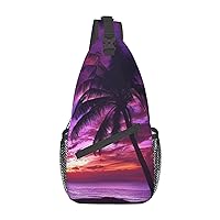 Palm Tree Purple Sunset Print Sling Backpack Travel Sling Bag Casual Chest Bag Hiking Daypack Crossbody Bag For Men Women