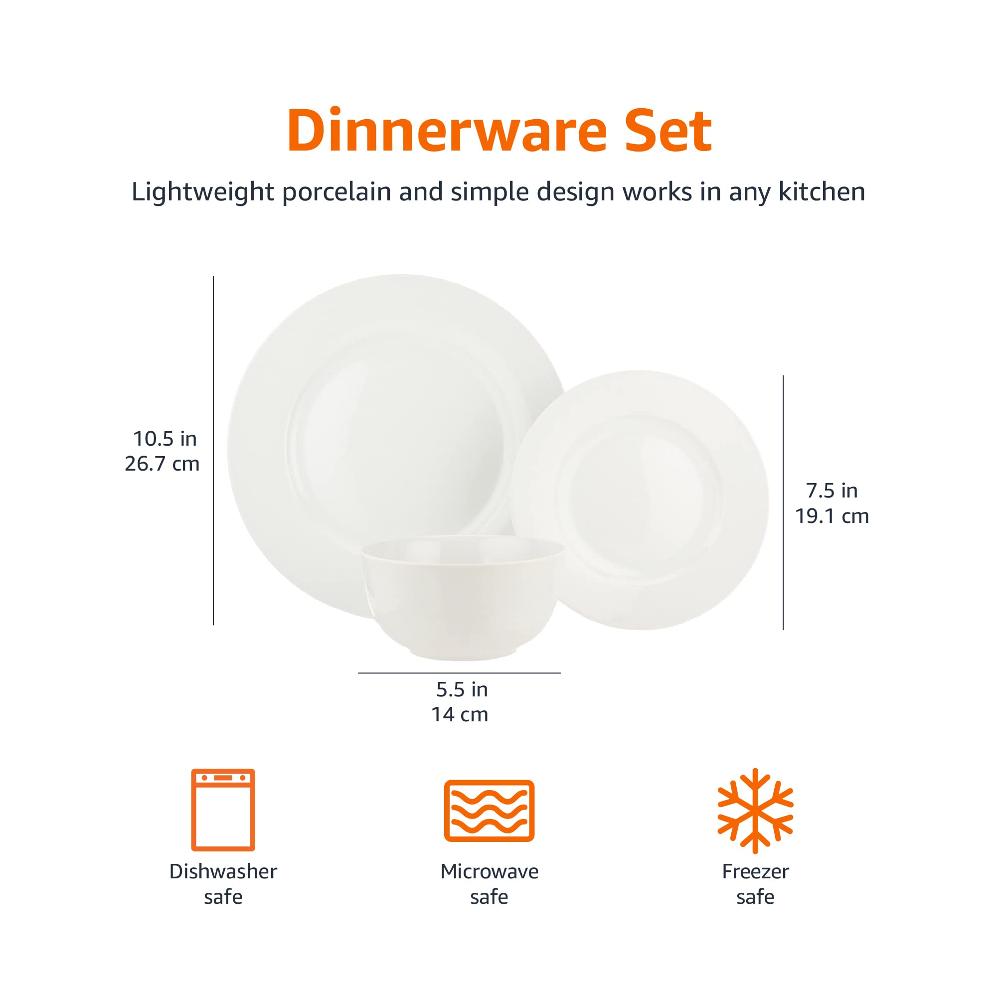 Amazon Basics 18-Piece Kitchen Dinnerware Set, Plates, Dishes, Bowls, Service for 6 - White