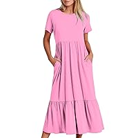 Bargain Finds Prime Clearance Today Women Crewneck Neck Dress Short Sleeve Summer Dresses Tiered Ruffle Swing T-Shirt Dress Casual Mid-Calf Sundress Modest Dresses Hot Pink